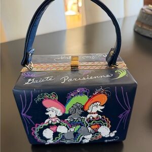 Navy 'Gaiete Parisienne' Box Clutch with Colorful Poodle/Moulin Rouge Motif